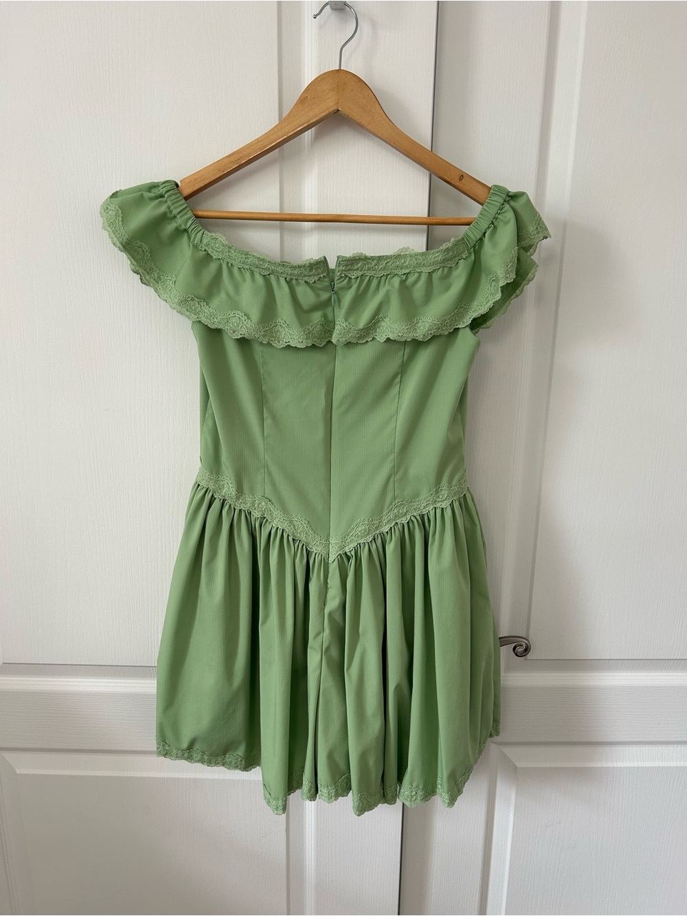 Anthropologie Sage Green Off-Shoulder Ruffled Mini Dress - Picture 3 of 5